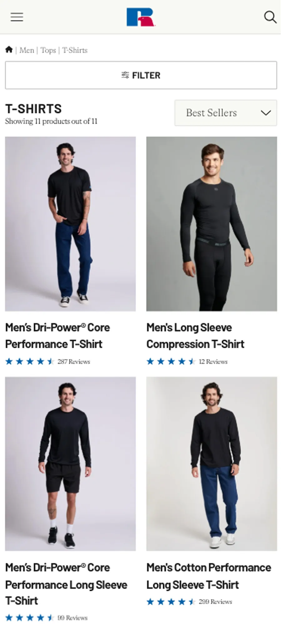 A screenshot of Russell Athletic`s mobile product listing page