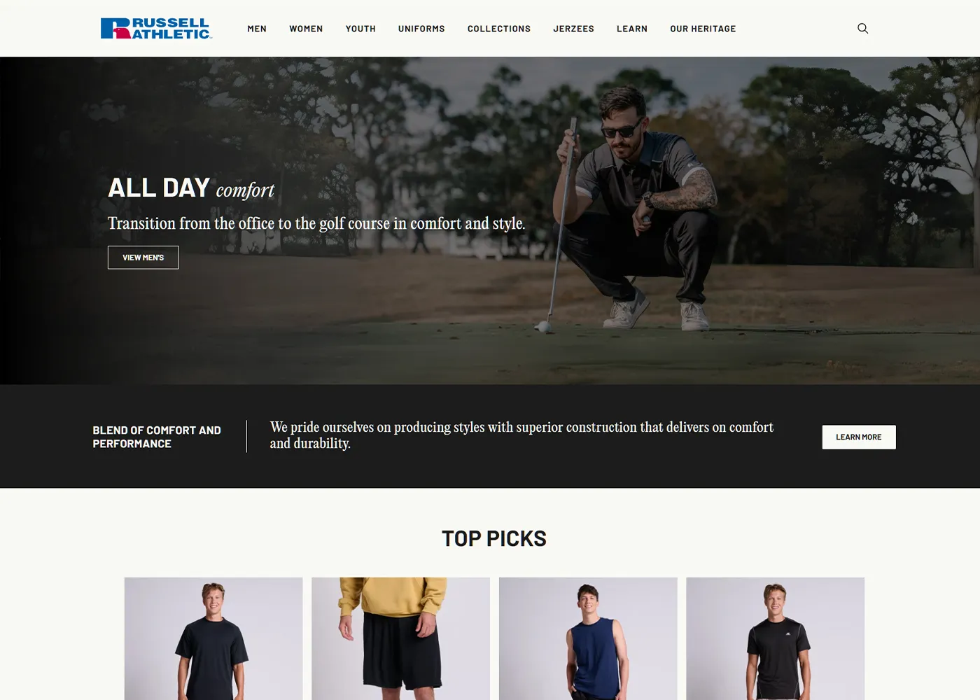 A screenshot of Russell Athletic`s desktop site